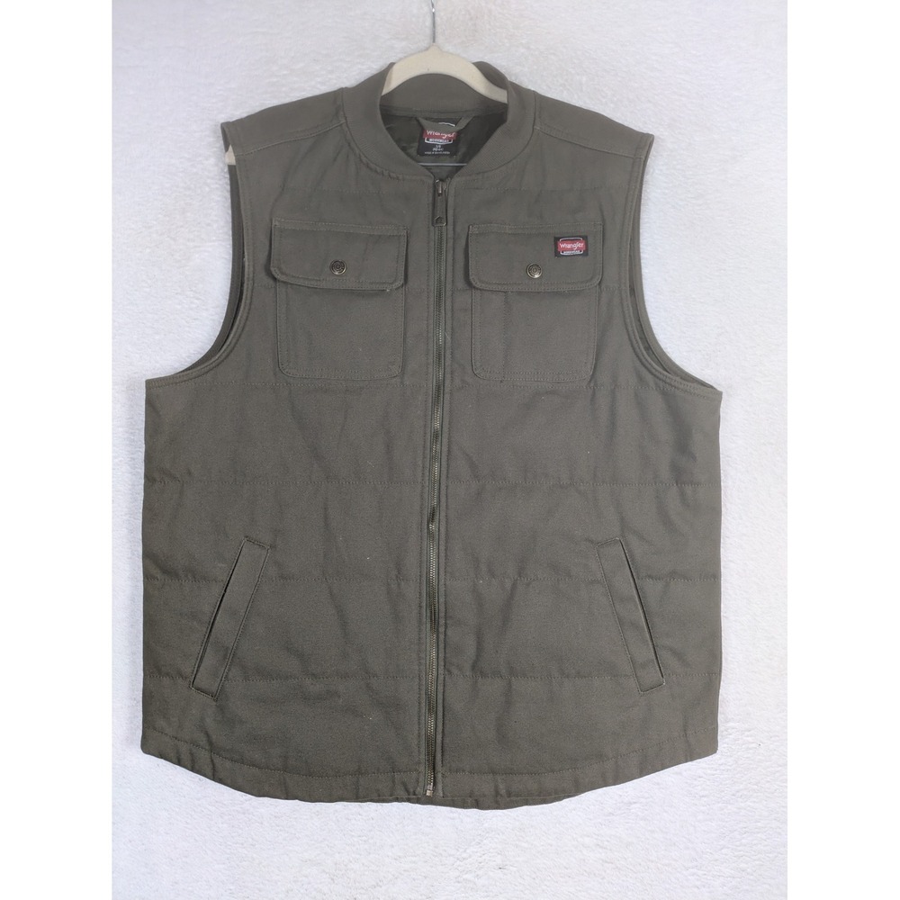 Wrangler Workwear Vest Men's L Olive Green Quilted Zip Front Utility Canvas